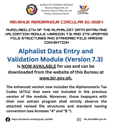 alphalist version 7.3|Revenue Memorandum Circular No. 61.